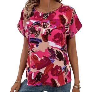 NEW Abstract Pink Colors Short Sleeve Blouse Sizes Med + Large